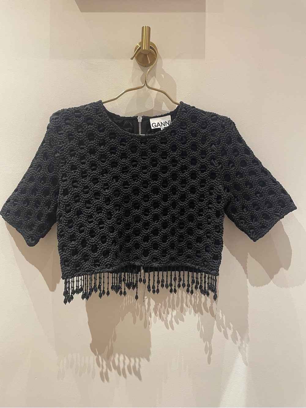 Ganni Black Beaded Fringe Crop Top Size 38 US 6
